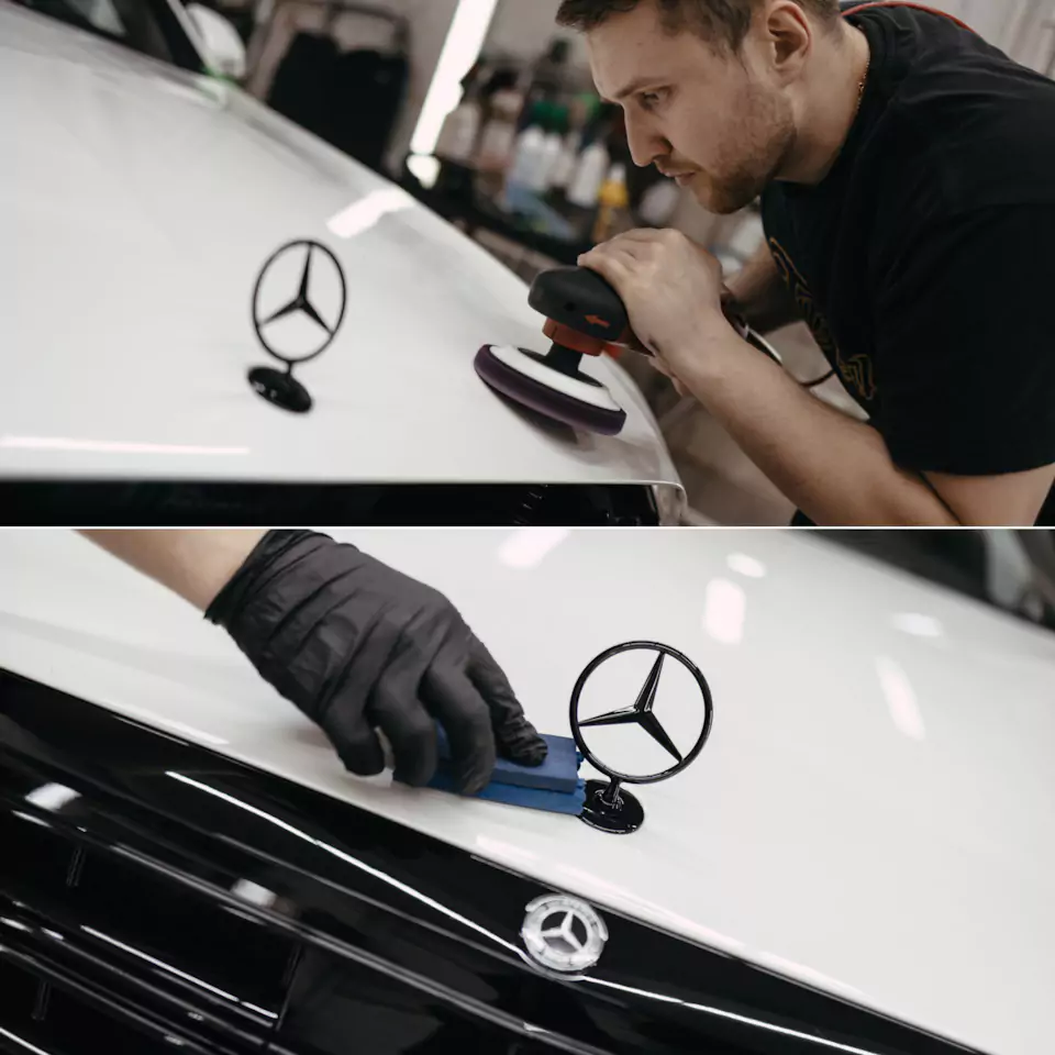 Выполнили полный антихром для Mercedes W222, произвели комплекс детейлинг-услуг и фирменный Шиномонтаж на вибростенде на стендах Hunter